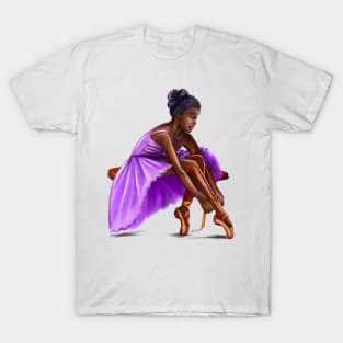 ballerina getting ready, lacing her ballet shoes - brown skin ballerina T-Shirt